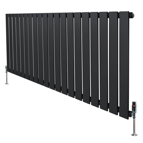 Flat single column radiator in anthracite grey, featuring a sleek design with vertical slats and adjustable valves for modern interiors