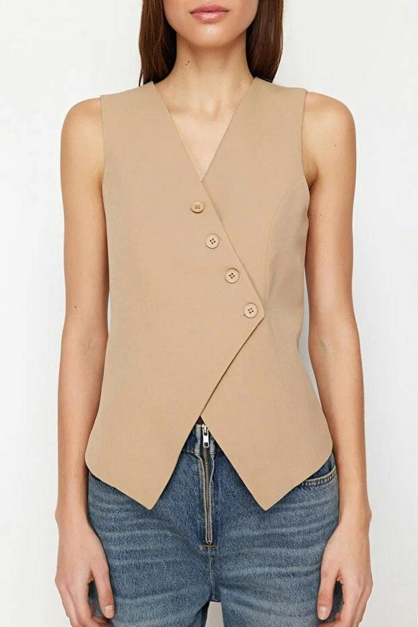 WOVCOR Woven Vest with Asymmetrical Buttons Detail