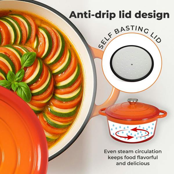 Toque Cast Iron Enameled Dutch Oven Pot Casserole Dish with Lid Non-Stick Orange