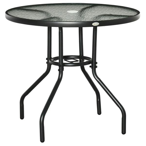 Black round bistro table with clear tempered glass top and four-leg steel frame