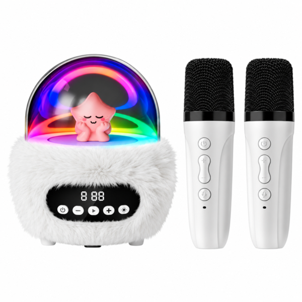 Obasyhig Cute Mini Speaker with Dual Wireless Mics - White