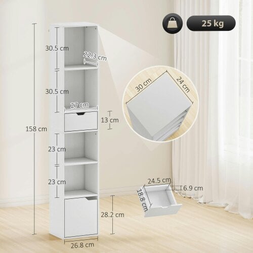 Wyld Haus Kesura Wooden White Tall Narrow 6 Tier Bookcase With Drawer And Door