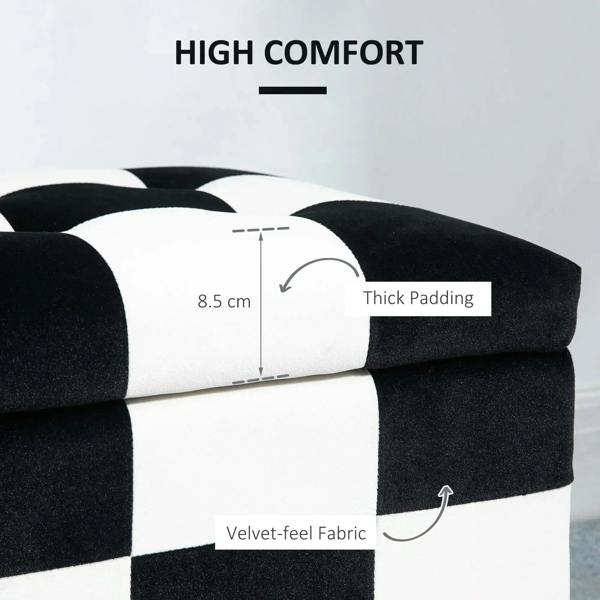 Black-and-white checkered velvet storage ottoman with thick padded lid and rounded corners.