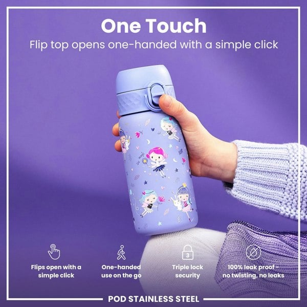 A purple stainless steel water bottle, decorated with fairies, is being held; its flip top opens one-handed via a simple click. The bottle features a triple lock security and is 100% leak-proof.