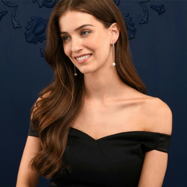 namana Gold Long Drop Earrings with Pearl and Rhinestone Chain for Women