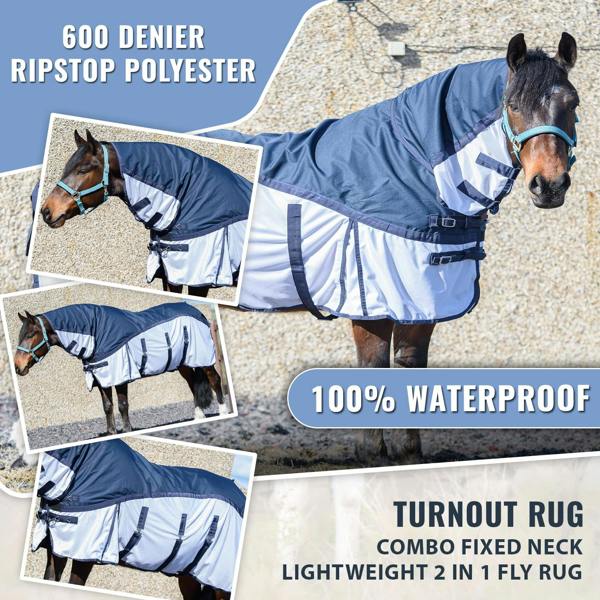 eQuitack 600D 2 in 1 Waterproof Fly Turnout Mesh Horse Rug Fixed Neck Blue/White 5'6''