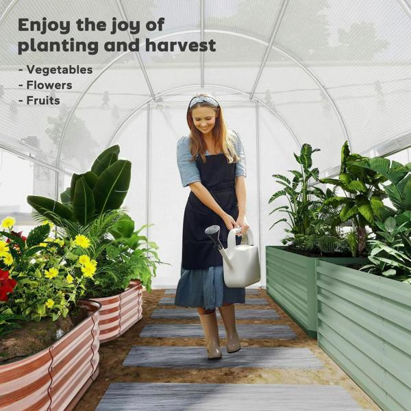 White walk-in greenhouse polytunnel with open entrance and potted plants inside