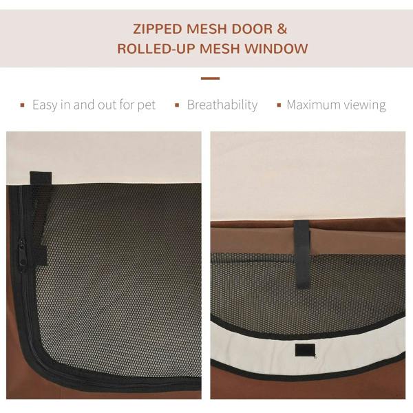 Brown folding pet crate with zipped mesh door and rolled-up mesh window