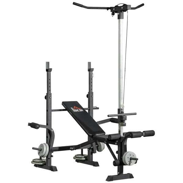 Adjustable weight bench with pulley tower, incline bench pad, and barbell supports