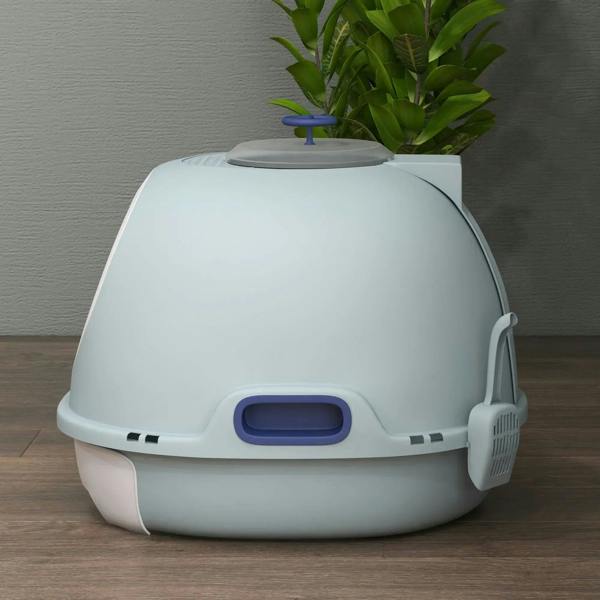 Blue enclosed cat litter box with oval front latch and side scooper handle