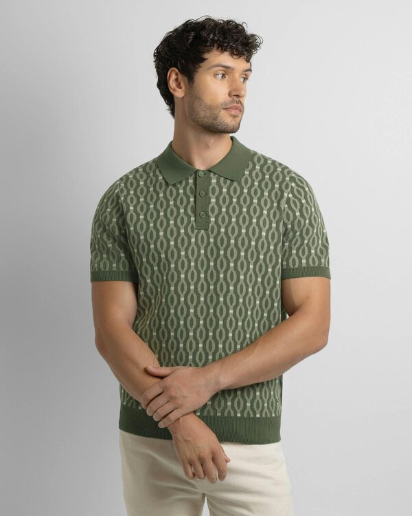 Steel & Jelly Kew - Geometric Diamond Jacquard Knitted Polo Shirt - Green