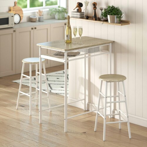 Wyld Haus Fira Rodo Metal And Wooden White And Oak Breakfast Bar Table And Stool Set With Storage