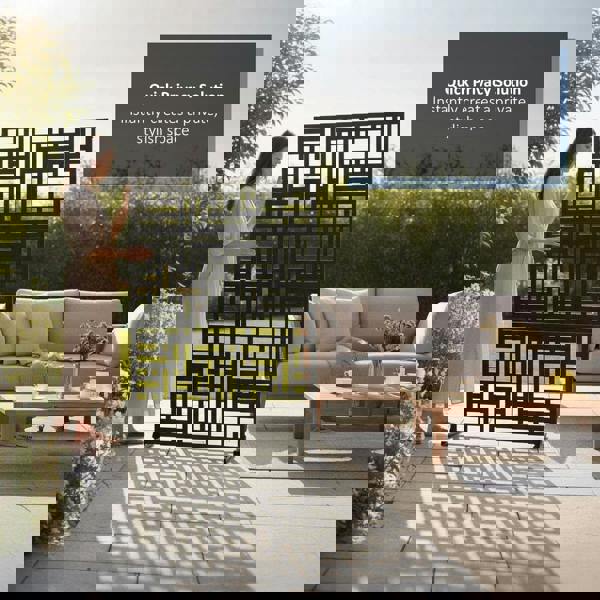 A person setting up a metal privacy screen in a garden with text overlay.