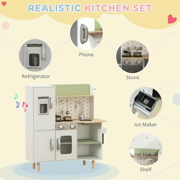White kids play kitchen set featuring phone accessory, stove, ice maker, and side shelf
