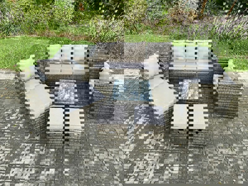 Fimous 8 Seater Dark Grey Mixed Rattan Outdoor Sofa Set - 2 Side Tables, Armchair, Square Coffee Table & 3 Footstools