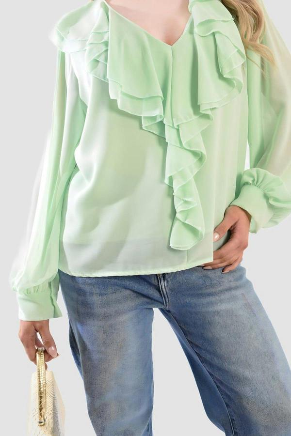 Leyla Ruffle Trim Front Long Sleeve Top - Mint