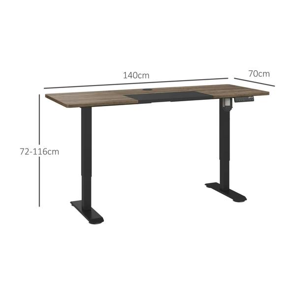 Electric standing desk with wood-look top, dark legs, height range 72–116 cm, 70x140 cm