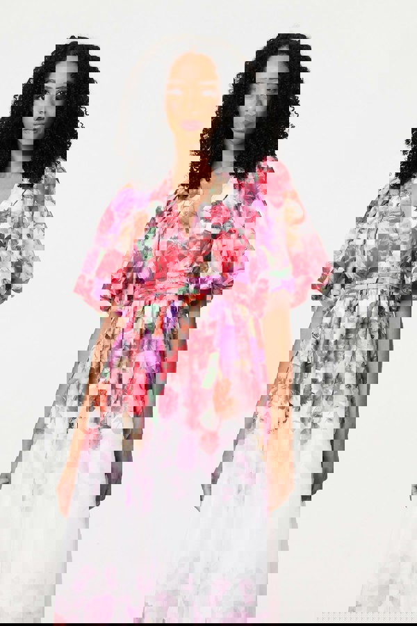 White | Floral Print 1/2 Angel Sleeve Midi Dress