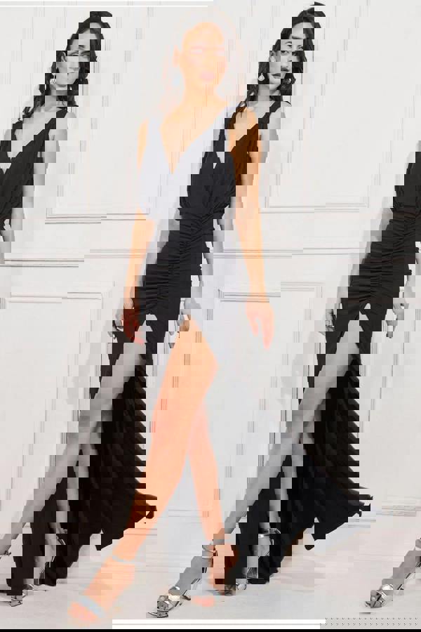 Front Wrap Gathered Maxi Dress - Black DR3519