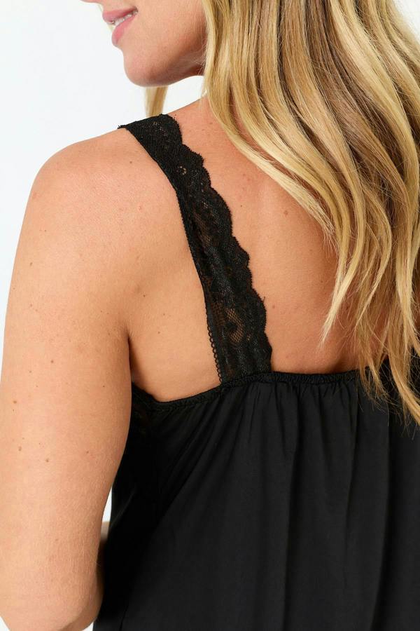 Black | Lace Trim Satin Texture Vest Top