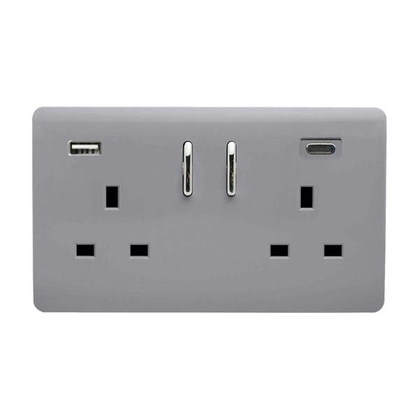 Trendi Switch 2 Gang USB 65W Type A & C USB Plug Socket in Platinum Silver