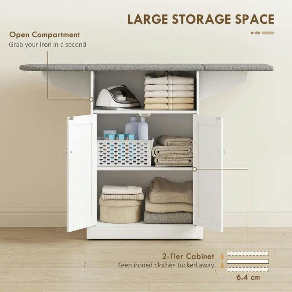 Ironing Board Cabinet on Wheels with Foldable Top, Mobile Storage Cabinet with Ironing Board, Open Compartment, White