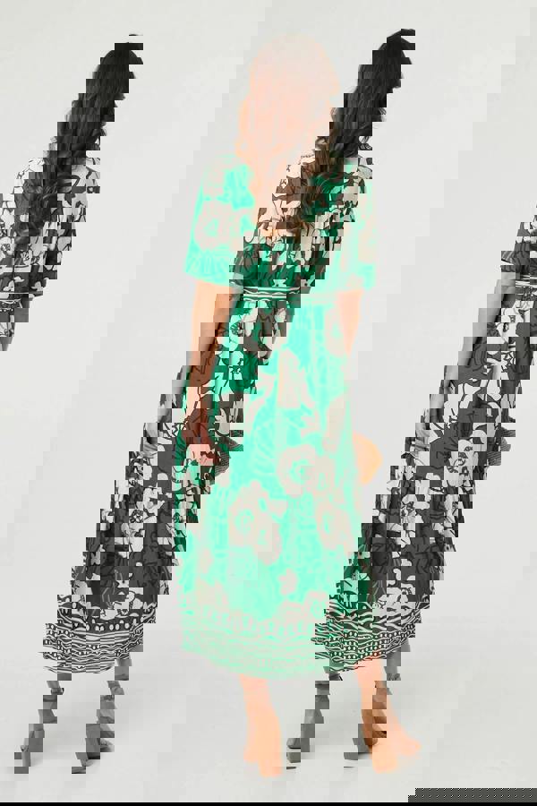 Green | Floral Tie 1/2 Sleeve Maxi Shirt Dress