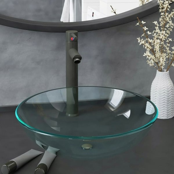 Berkfield Bathroom Sink with Tap and Push Drain Clear Tempered Glass