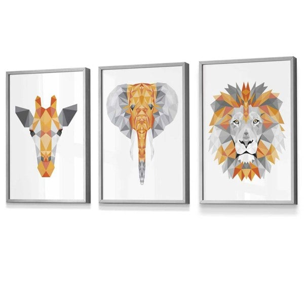 Artze Wall Art Framed Geometric set of 3 ORANGE Giraffe Lion Elephant