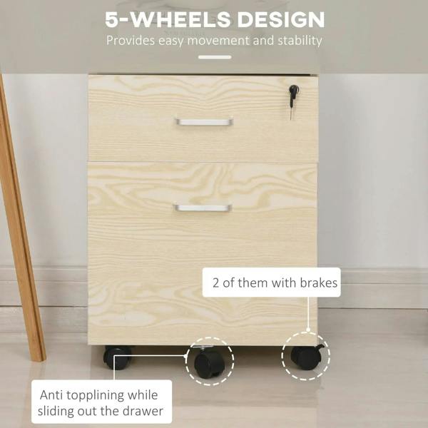 Oak two-drawer filing cabinet with key lock and five rolling wheels, anti-tip