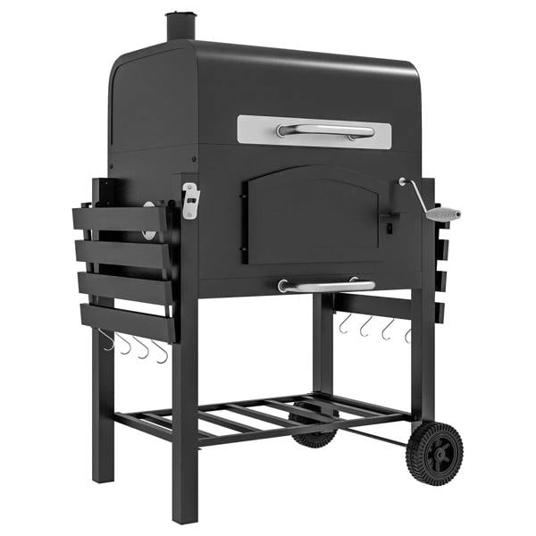 Black 3-in-1 charcoal BBQ grill with front access door, side shelves, and grates