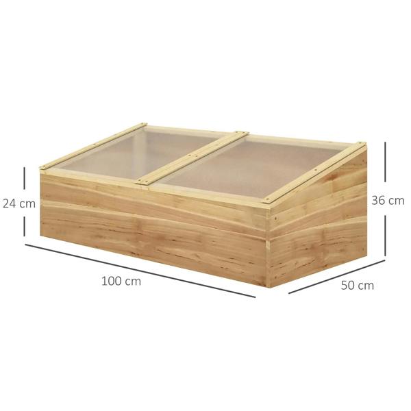 Wooden cold frame greenhouse showing rectangular bed and flat clear top panels