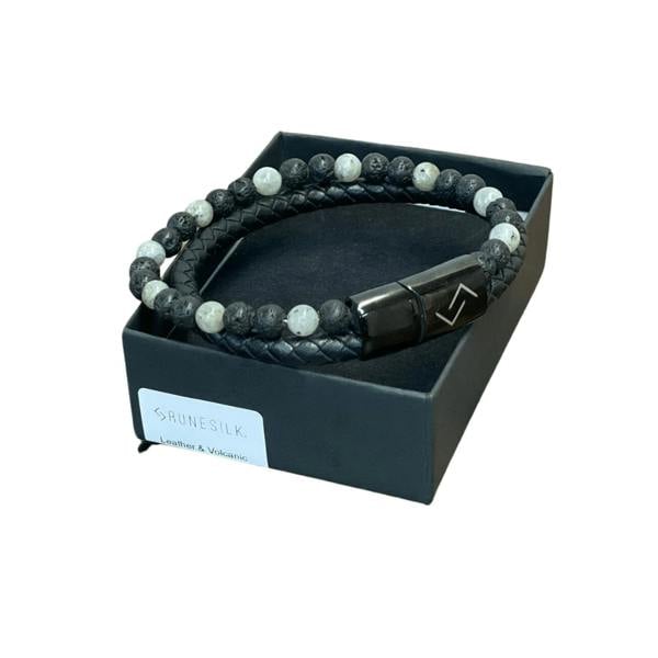 RUNESILK Leather, Onyx and Volcanic Bead Bracelet