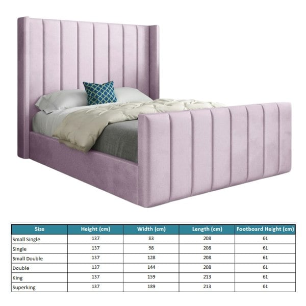 Casa Magna Romano Straight Winged Upholstered Soft Velvet Bed Frame - Pink