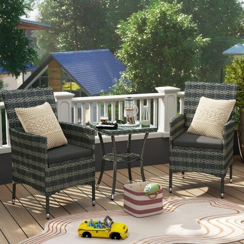 Wyld Haus Sami Rattan Grey 3 Piece Garden Bistro Set With 2 Tier Table And Cushions