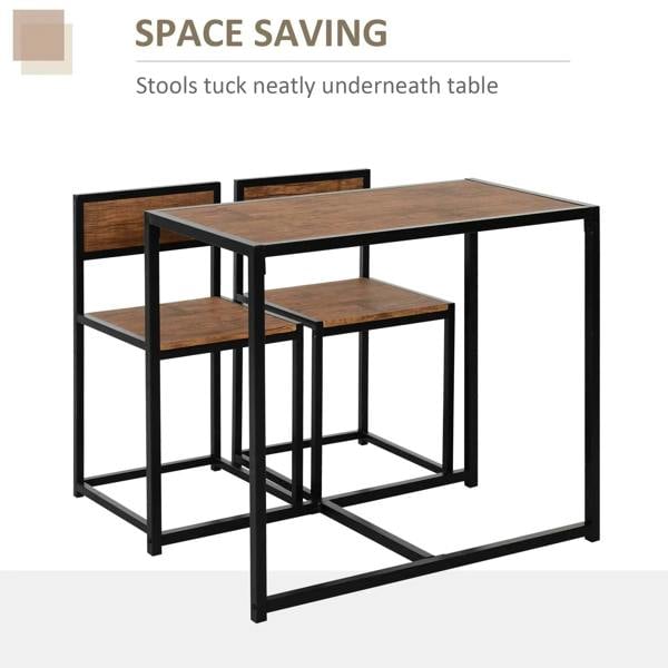 Space-saving dining set: table with two chairs tucked underneath, black frame, wood-look seats