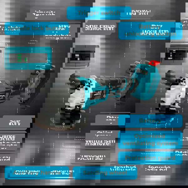 Traderight 125mm Electric Cordless Brushless Angle Grinder 21V 2x4.0Ah Battery