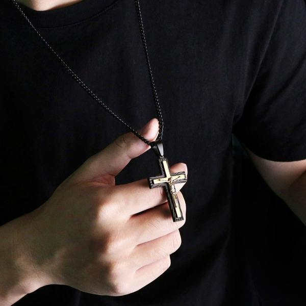 Large Rose Gold and Black Cross Pendant Necklace for Men - namana.london