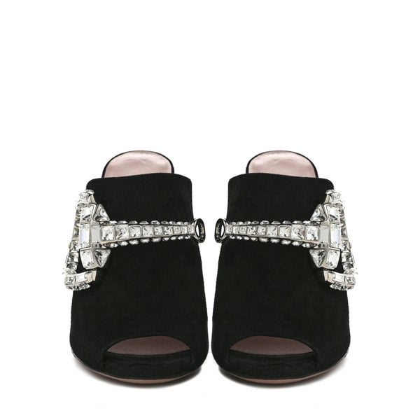 Gucci black suede crystal maxima horsebit mules