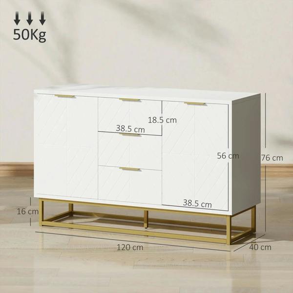 White sideboard cabinet with geometric doors, 3 drawers, gold frame base, 120 cm wide.