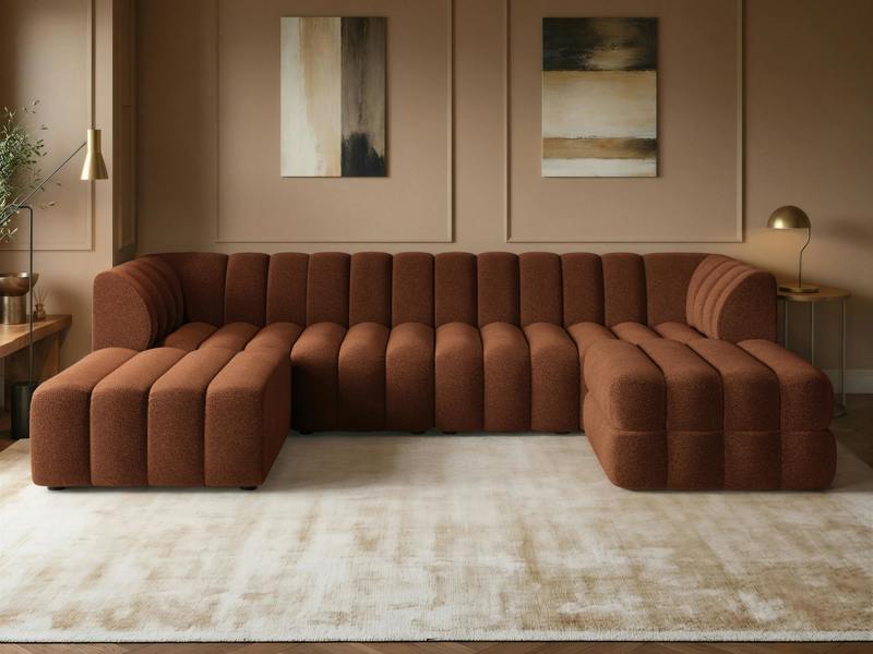 SOLACE+CO Halle Channel Tufted U Shaped Modular Sofa with Storage Footstool Burnt Orange Chenille