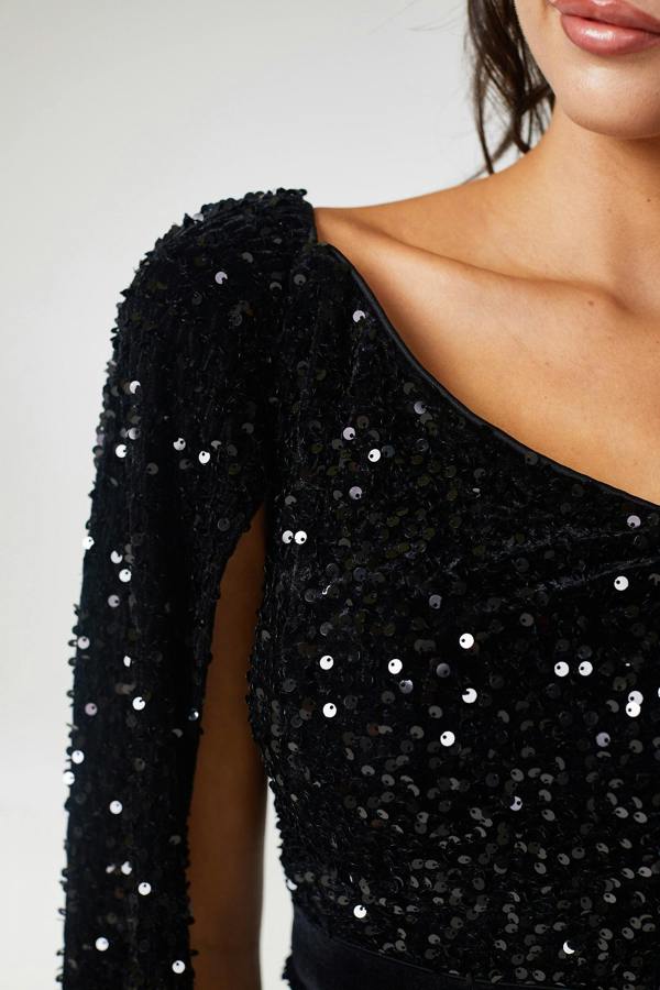 LuvForever Black One Shoulder Drape Sleeve Sequin Maxi Dress