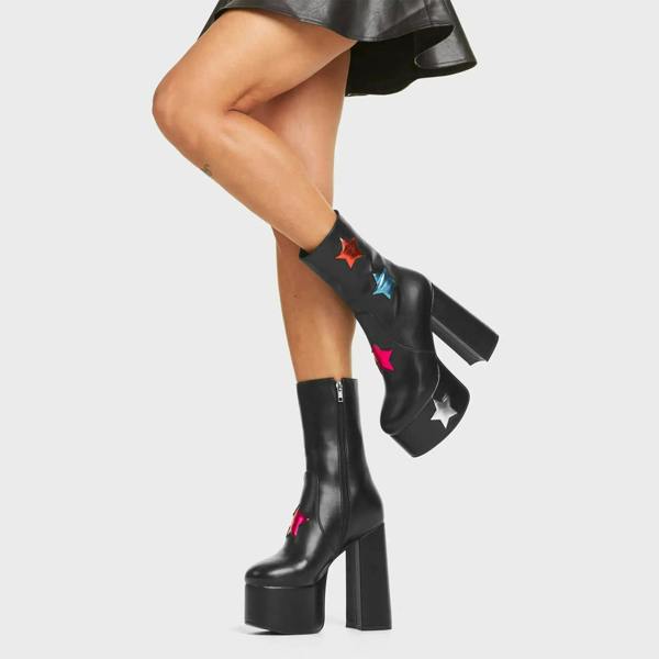 Lamoda Star Girl Women Platform Shoes Black PU Multi Star Design Stylish