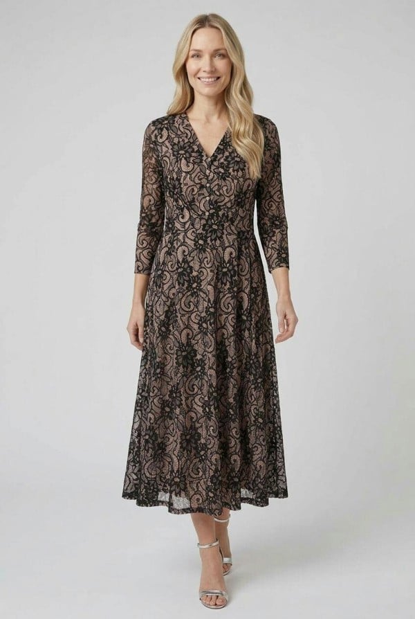 Izabel London Floral Texture 3/4 Sleeve Midi Dress