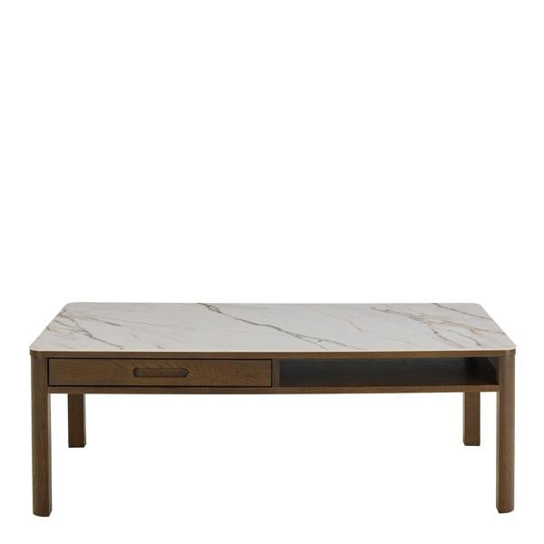 Wyld Haus Cork Rectangular Cream Ceramic Coffee Table with Oak Veneer Base