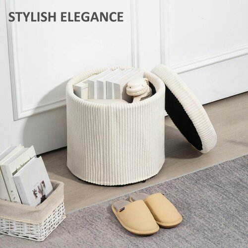 Wyld Haus Rokael Round Beige Corduroy Storage Footstool With Removable Lid