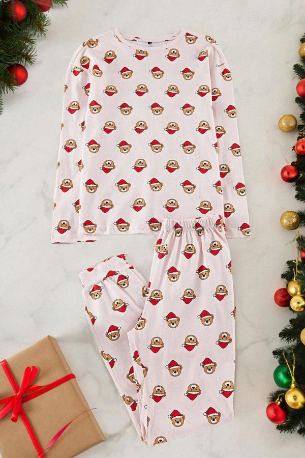WOVCOR 2-Piece 100% Cotton Teddy Bear Print Christmas Themed Knit Pajama Set