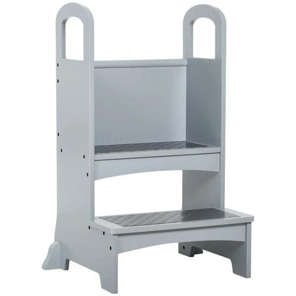 Grey wooden kids step stool with two steps, side handles, open frame