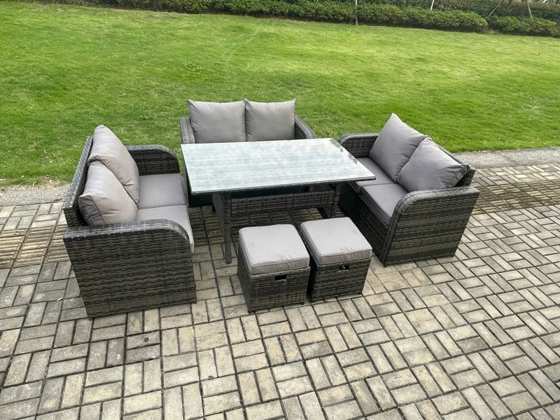 Fimous 8 Seater Outdoor Rattan Garden Furniture Set with Patio Rectangular Dining Table Love Sofa 2 Small Footstools Dark Grey Mixed