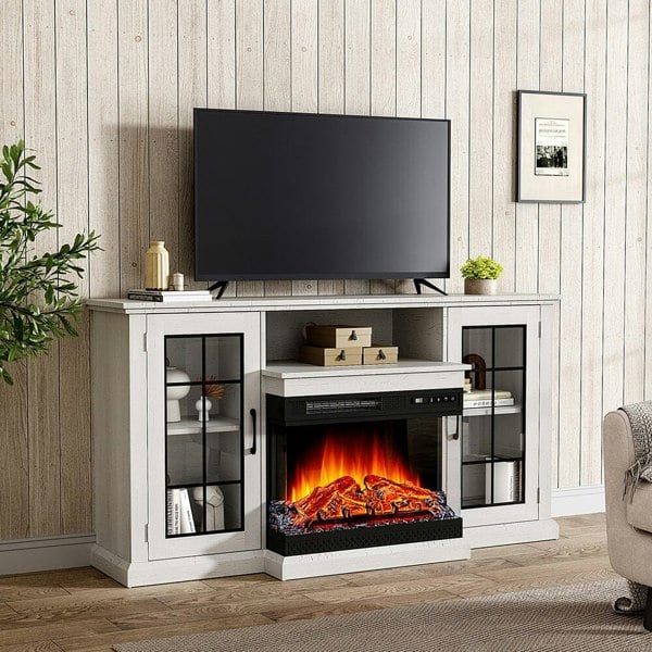 Electric Fireplace TV Stand with Glass Door Closed Storage 3 Flame Colours Freestanding Fireplaces Living and Home